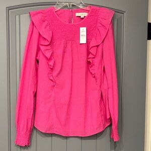 NWT LOFT Fuchsia Ruffle long sleeve Blouse